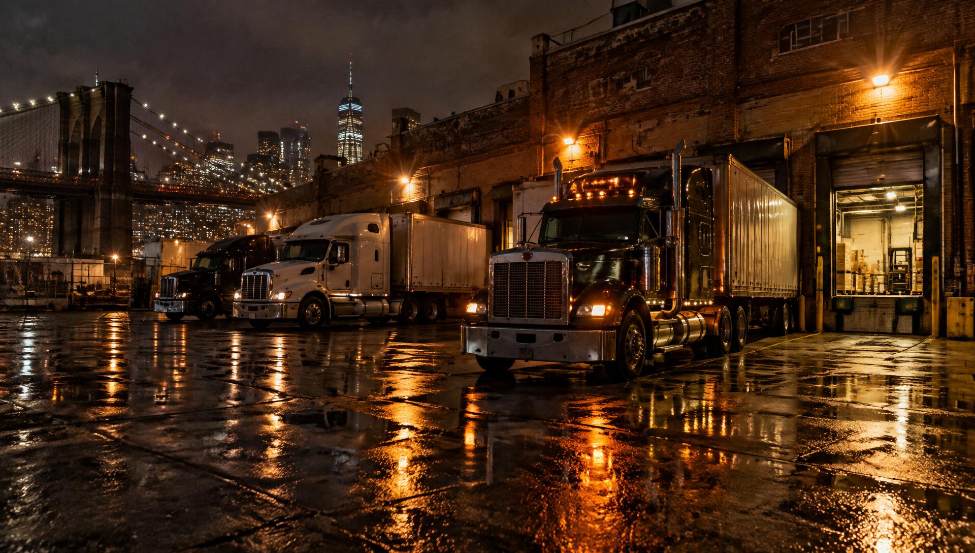 American semi trucks at a Brooklyn distribution center at night