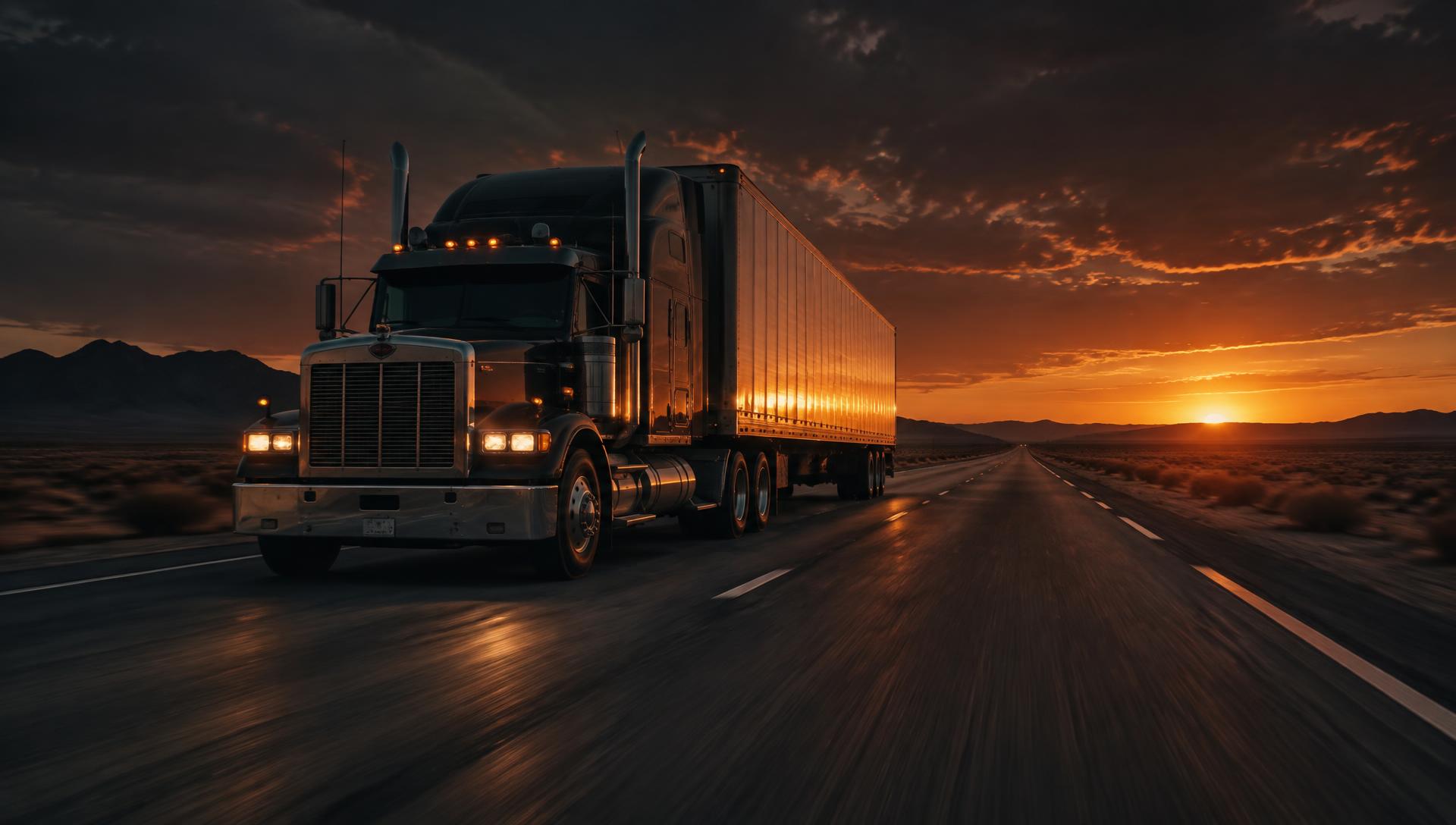 Tractor trailer on an American interstate at dusk